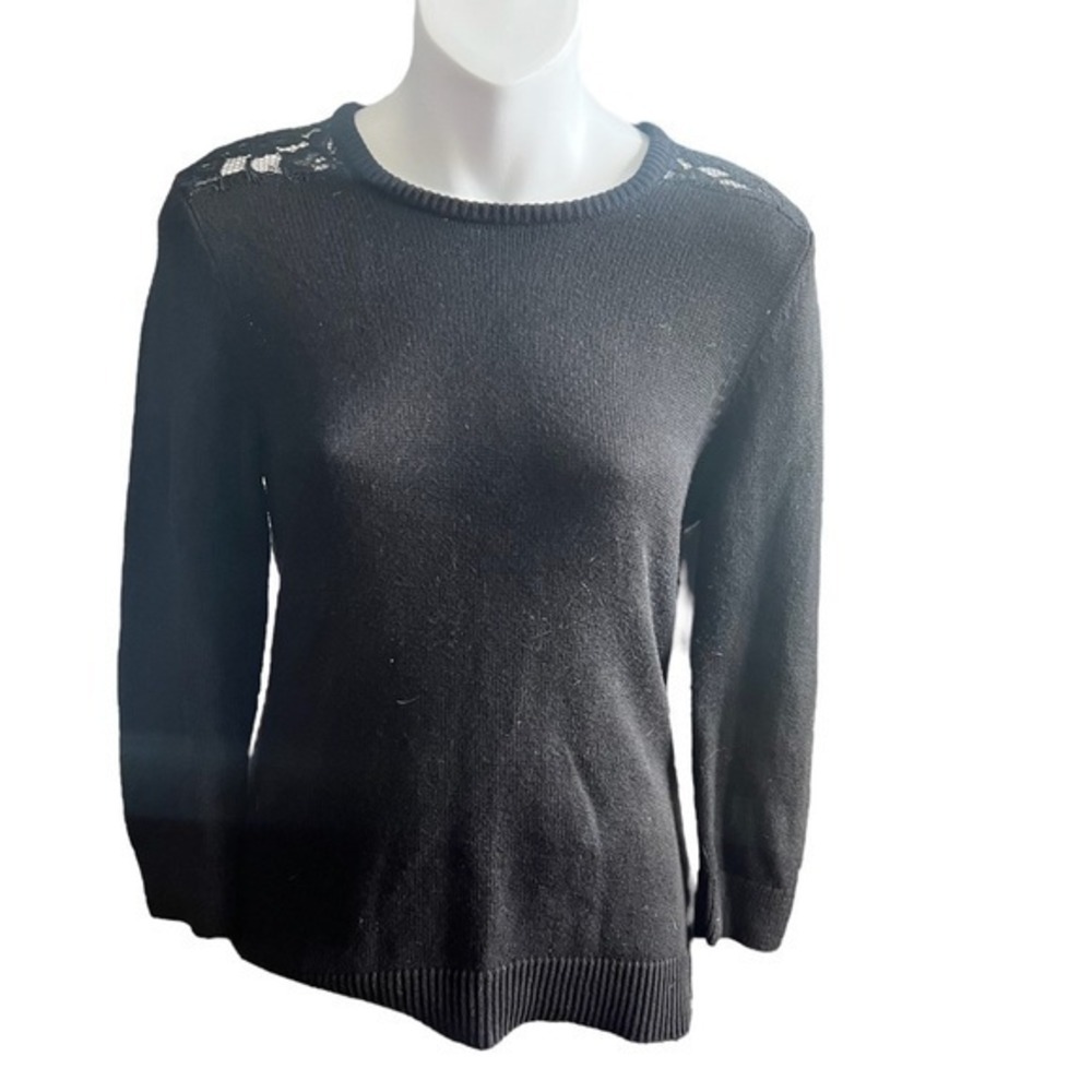 Lauren Ralph Lauren Sweater S Black Good Lace Yoke Cotton Modal Crew Neck